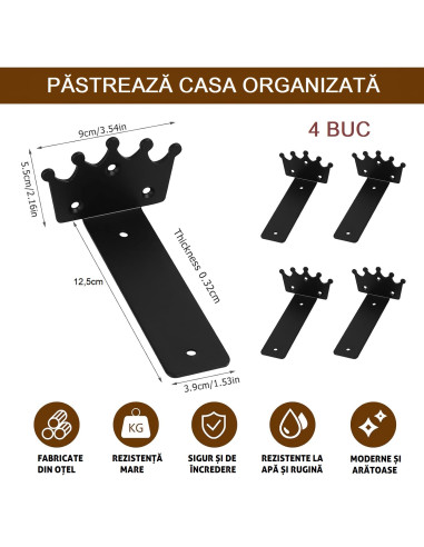 Set 4 Suporti Etajera/Raft, Cerb/Coroana, Alb/Negru