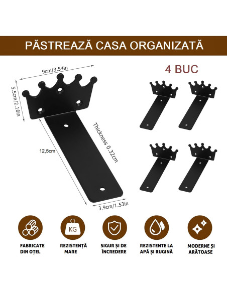 Set 4 Suporti Etajera/Raft, Cerb/Coroana, Alb/Negru